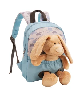 Hellblauer Rucksack mit Plüschtier Hase