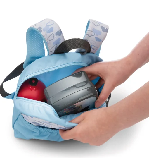 Hellblauer Rucksack mit Plüschtier Hase