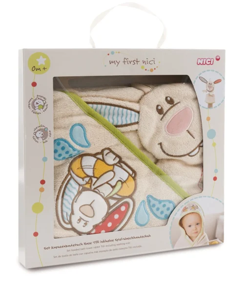 Kapuzenbadetuch Hase Tilli und Spiel-Waschhandschuh in Geschenkverpackung