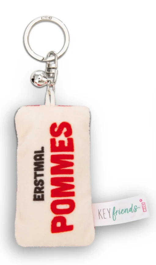Schlüsselanhänger Mini Plüschkissen "Erstmal Pommes" m. Glöckchen