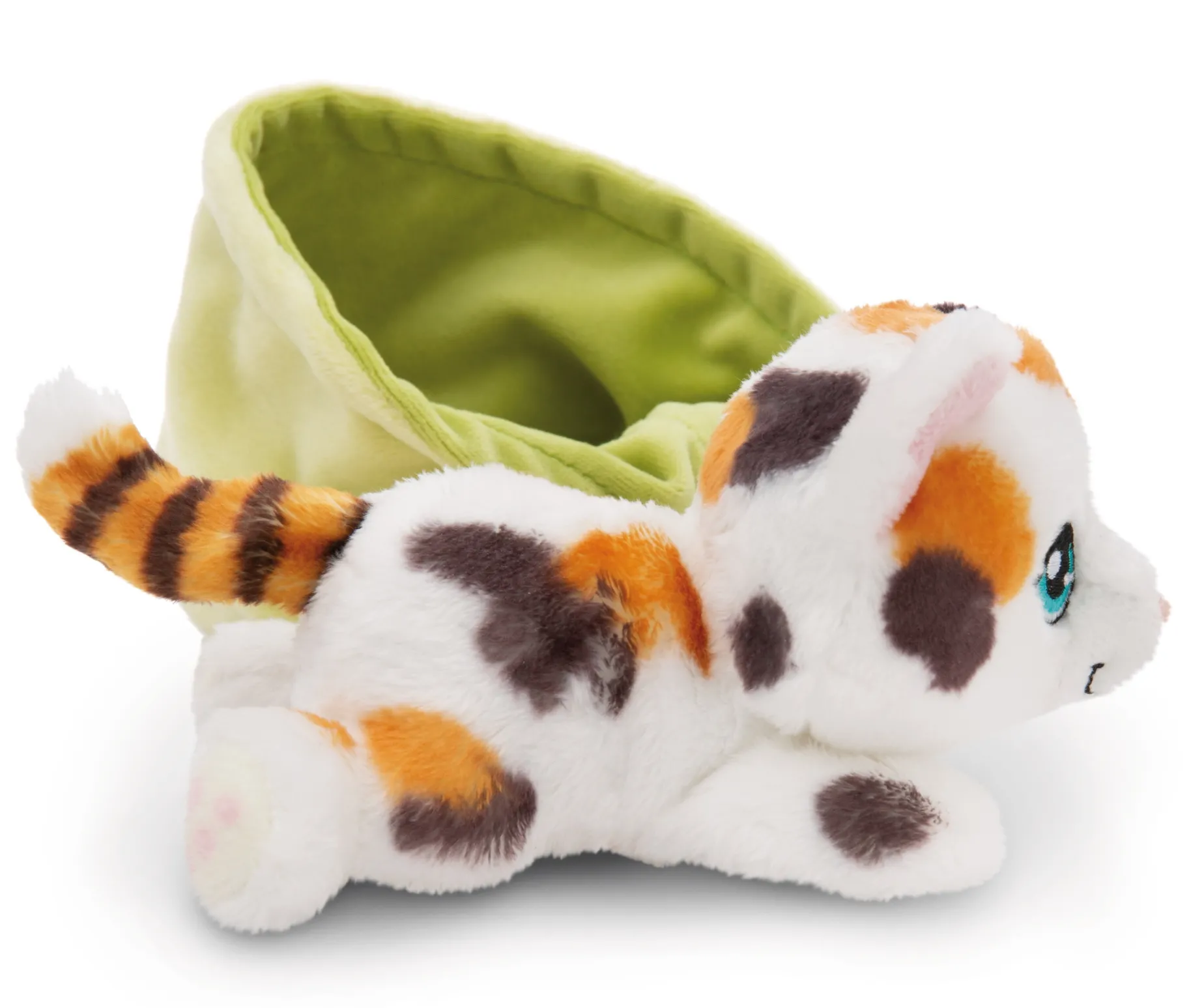 Gefleckte Kuscheltier Katze im Körbchen