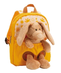 Gelber Rucksack mit Plüschtier Hase