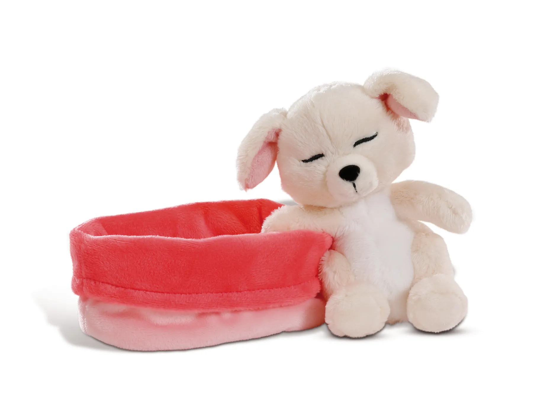 Kuscheltier Hund 12cm im rot-rosanen Körbchen