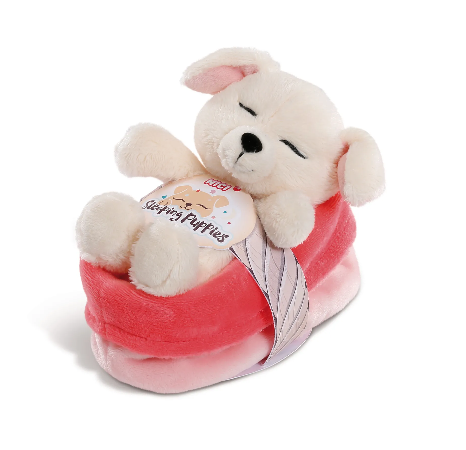 Kuscheltier Hund 12cm im rot-rosanen Körbchen