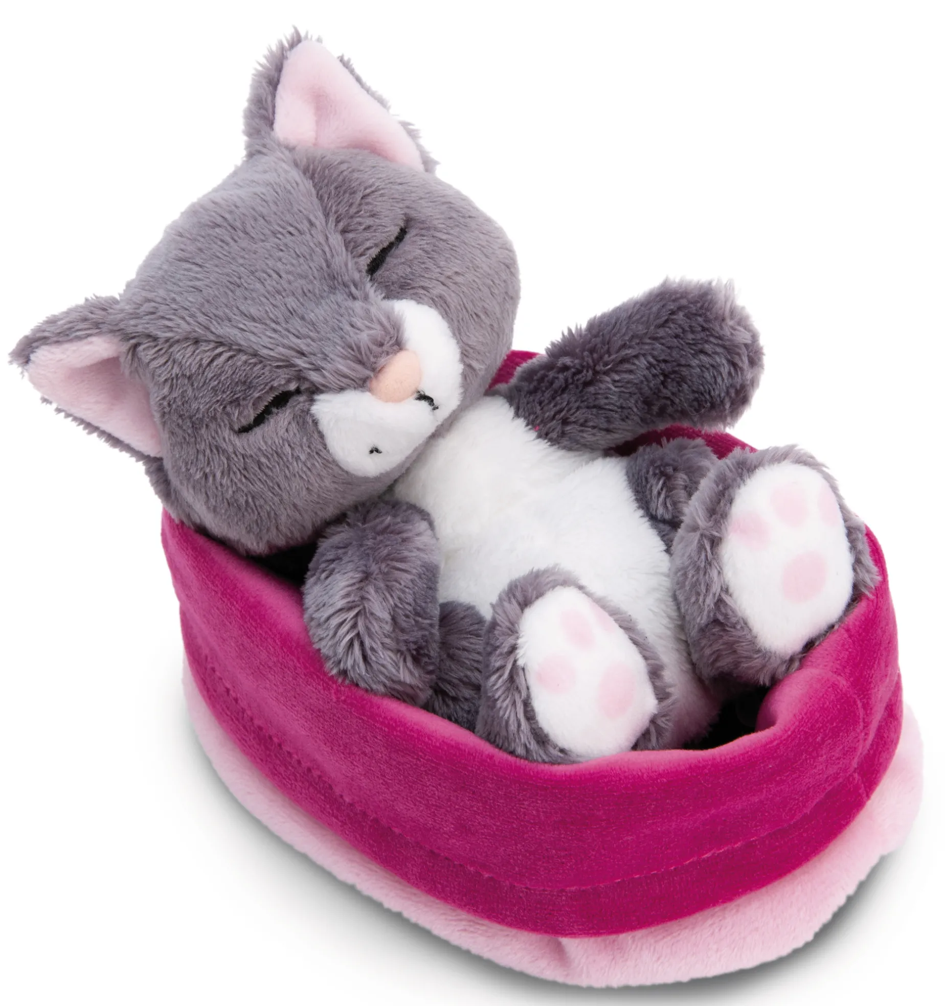 Kuscheltier Sleeping Pets graue Katze 12cm im rosa Körbchen NICI GREEN