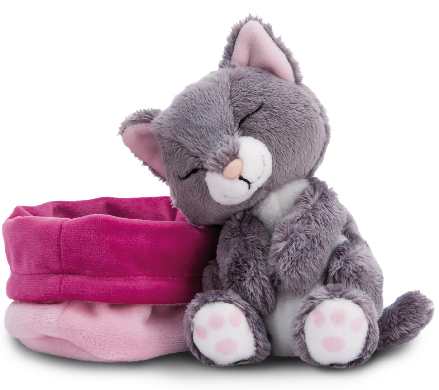 Kuscheltier Sleeping Pets graue Katze 12cm im rosa Körbchen NICI GREEN