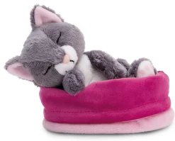 Kuscheltier Sleeping Pets graue Katze 12cm im rosa Körbchen NICI GREEN