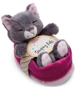 Kuscheltier Sleeping Pets graue Katze 12cm im rosa Körbchen NICI GREEN